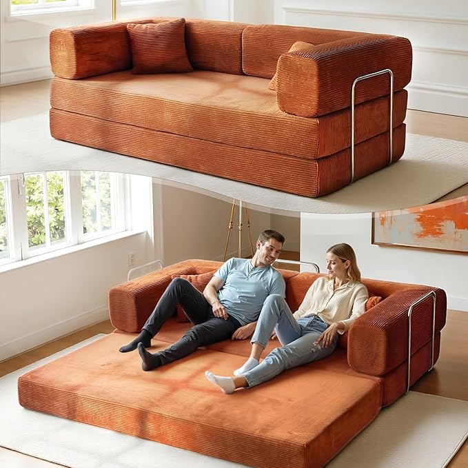 Kelyda 79 Inch Convertible Sofa Bed Couch in Box, 5 in 1 Folding Modular Boneless Couch with Pull Out Bed 2 Pillows, Soft Corduroy Floor Futon Lounge Loveseat Sleeper Lazy Cama No Assembly Orange