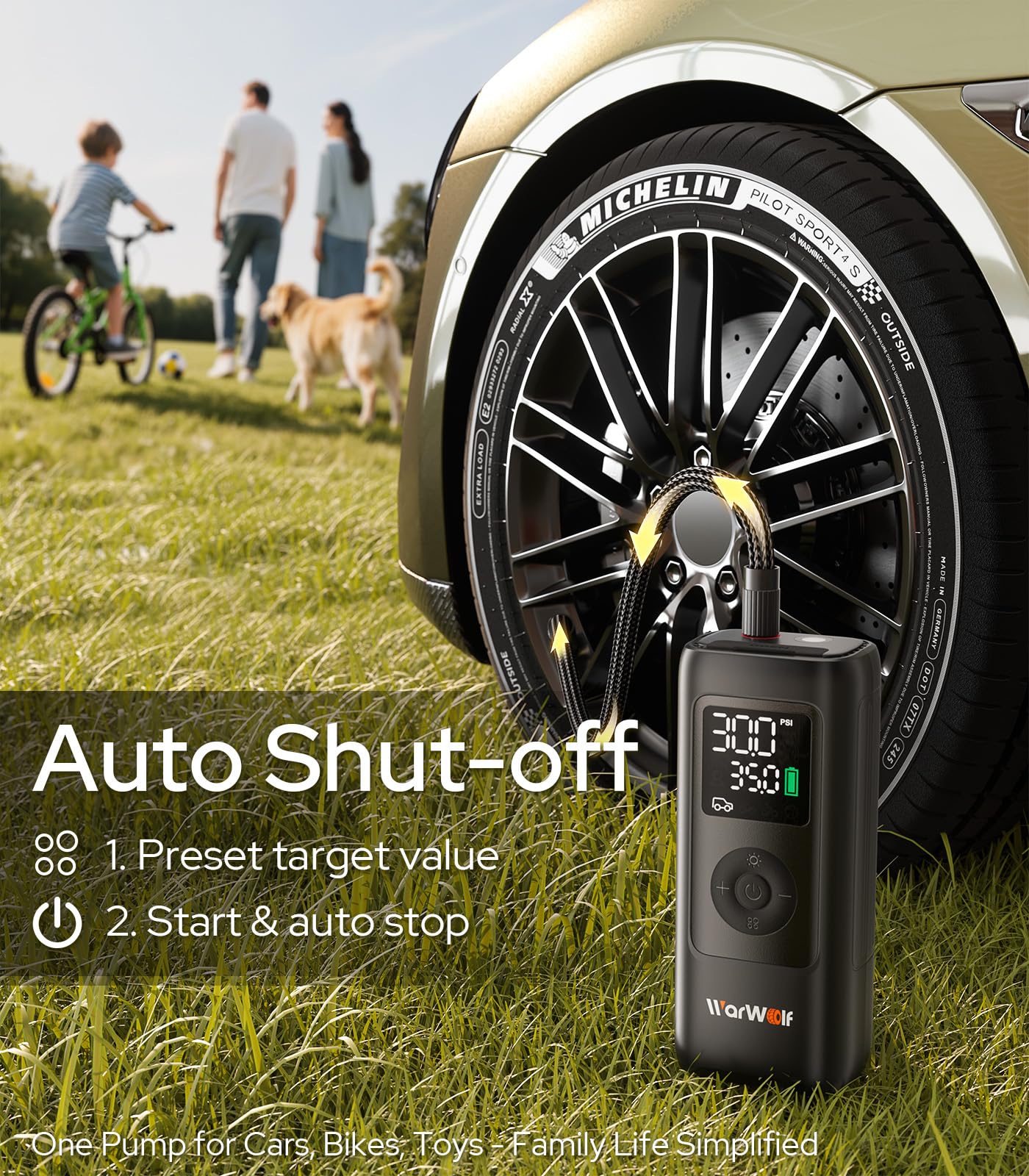 WARWOLF 160PSI Tire Inflator Portable Air Compressor - Bike Air Pump for Car Tires: SUV, Light Truck, Motorcycle, Bike, with Auto Shut-Off, Digital Gauge, 12V Car Adapter, LED Light