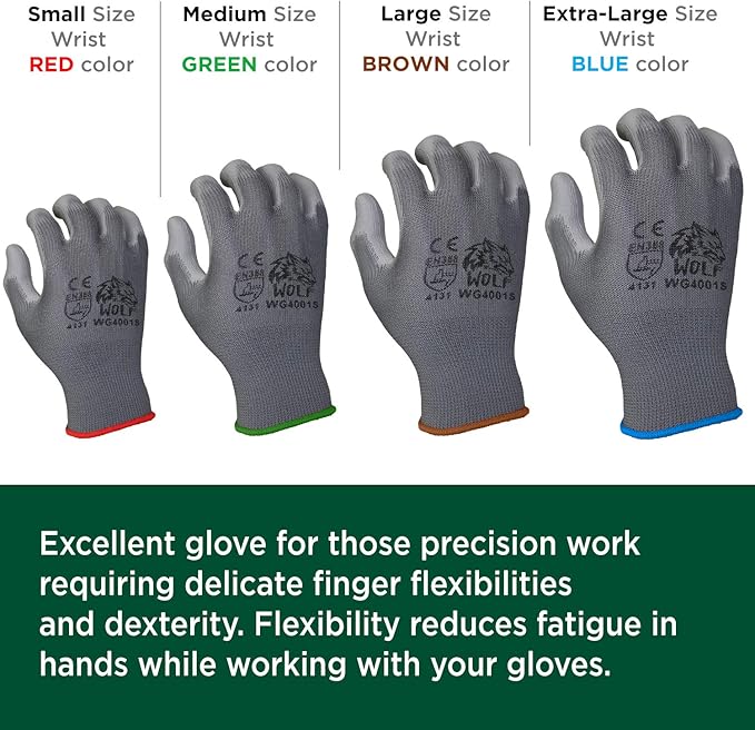 WOLF Polyurethane Palm Coated Nylon Shell Work Gloves, Construction, Mechanic, Warehouse, Yard Work, Gardening