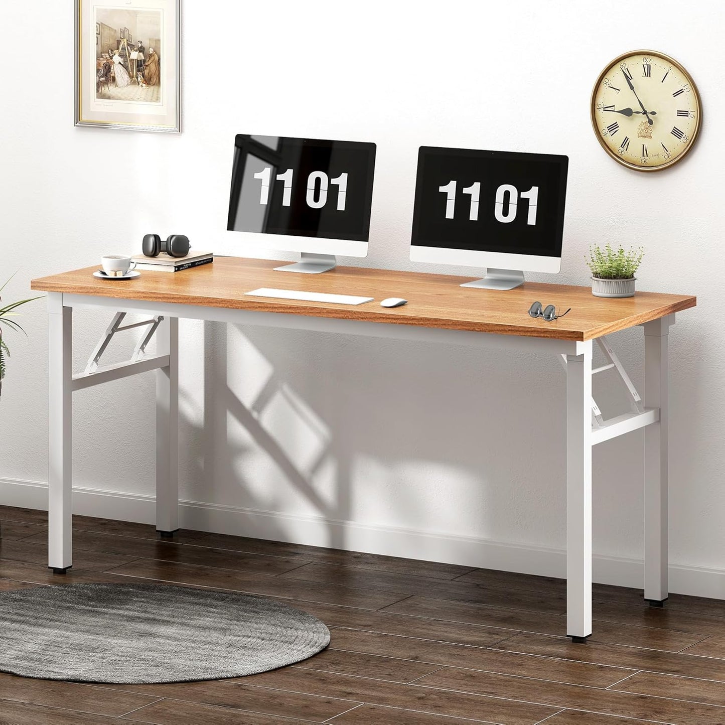 Need Folding Desk, 54 inch Large Computer Desk for Home Office, No Install Needed Study Student Writing Table Desk Workstation, Teak White