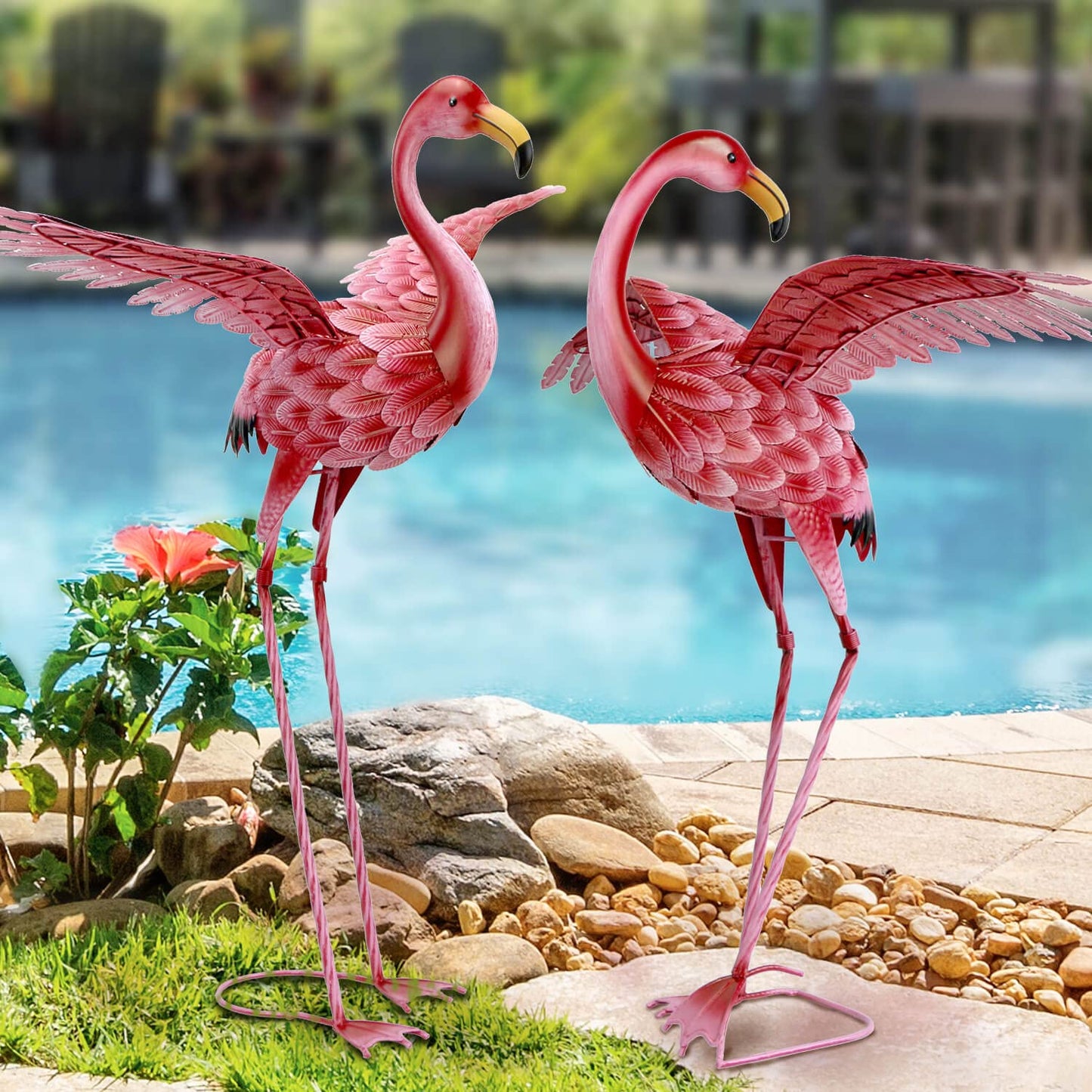 Natelf Pink Flamingo Yard Decorations, Tall Birds Garden Statues and Sculptures, Metal Lawn Art Ornaments for Outdoor Patio Backyard, Set of 2