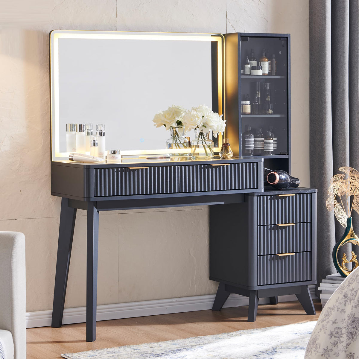 T4TREAM 48" Fluted Makeup Vanity Desk with Large 36" Mirror and Lights, Modern Glass Top Big Vanity Table with 5 Drawers & Adjustable Shelf, Dressing Table w/Charging Station for Bedroom, Dark Grey