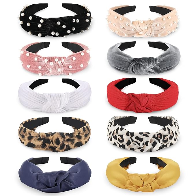 Funtopia Fashion Headbands for Women Girls, 10 Pcs Knotted Pearl Wide Top Knot Turban Hair Bands/ Hoops Vintage Velvet Leo...