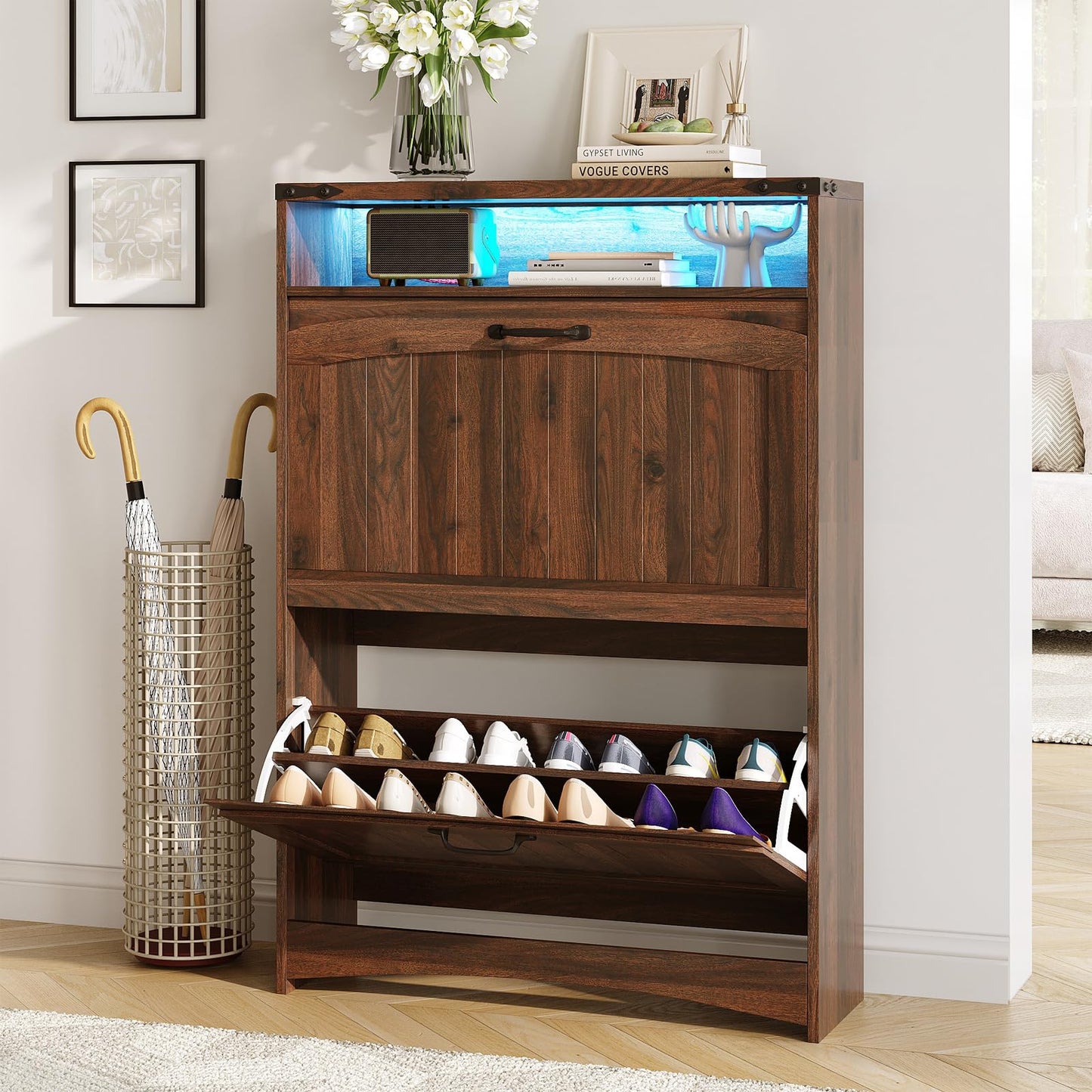 Maupvit Shoe Storage Cabinet with 2 Flip Drawers & Open Storage & RGB Lights, Narrow Shoe Rack Organizer Cabinets, Slim Shoe Cabinet for Entryway, Entrance, Hallway, Foyer, Walnut Brown