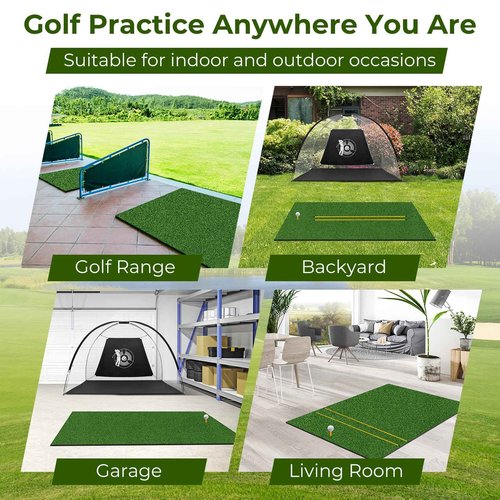 GYMAX Golf Mat, Artificial Turf Golf Hitting Mat w/ 2 Alignment Sticks & 2 Rubber Tees, Thick Golf Practice Mat Training Aid for Backyard, Golf Chipping Swing Mat for Indoor/Outdoor (5 x 3 ft, 32 mm)