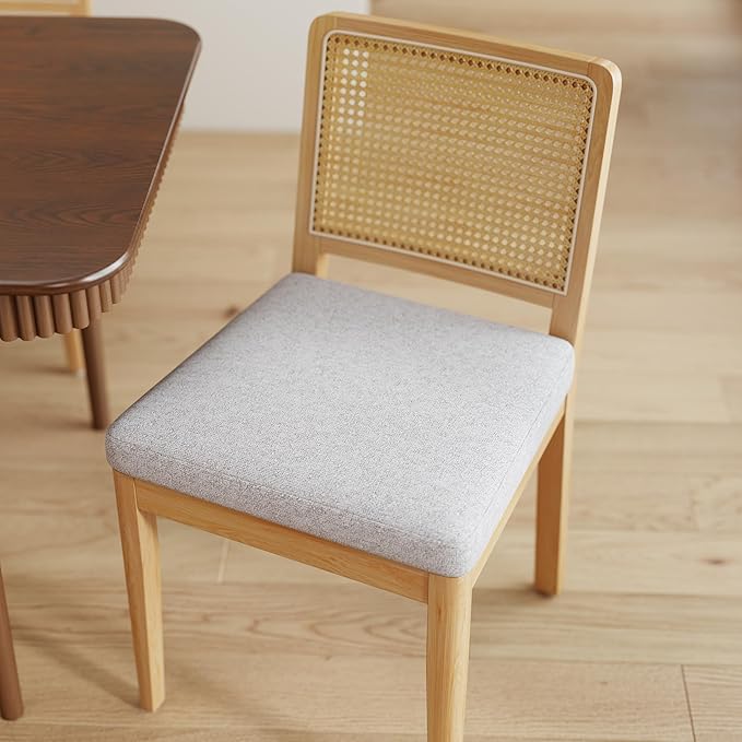 LukeAlon Set of 2 Dining Chairs Mid Century Modern with Woven Cane Back, Soft Chenille Upholstered Seat, Solid Wood Legs for Kitchen, Dining Room, Breakfast Nook, Farmhouse Style, Grey