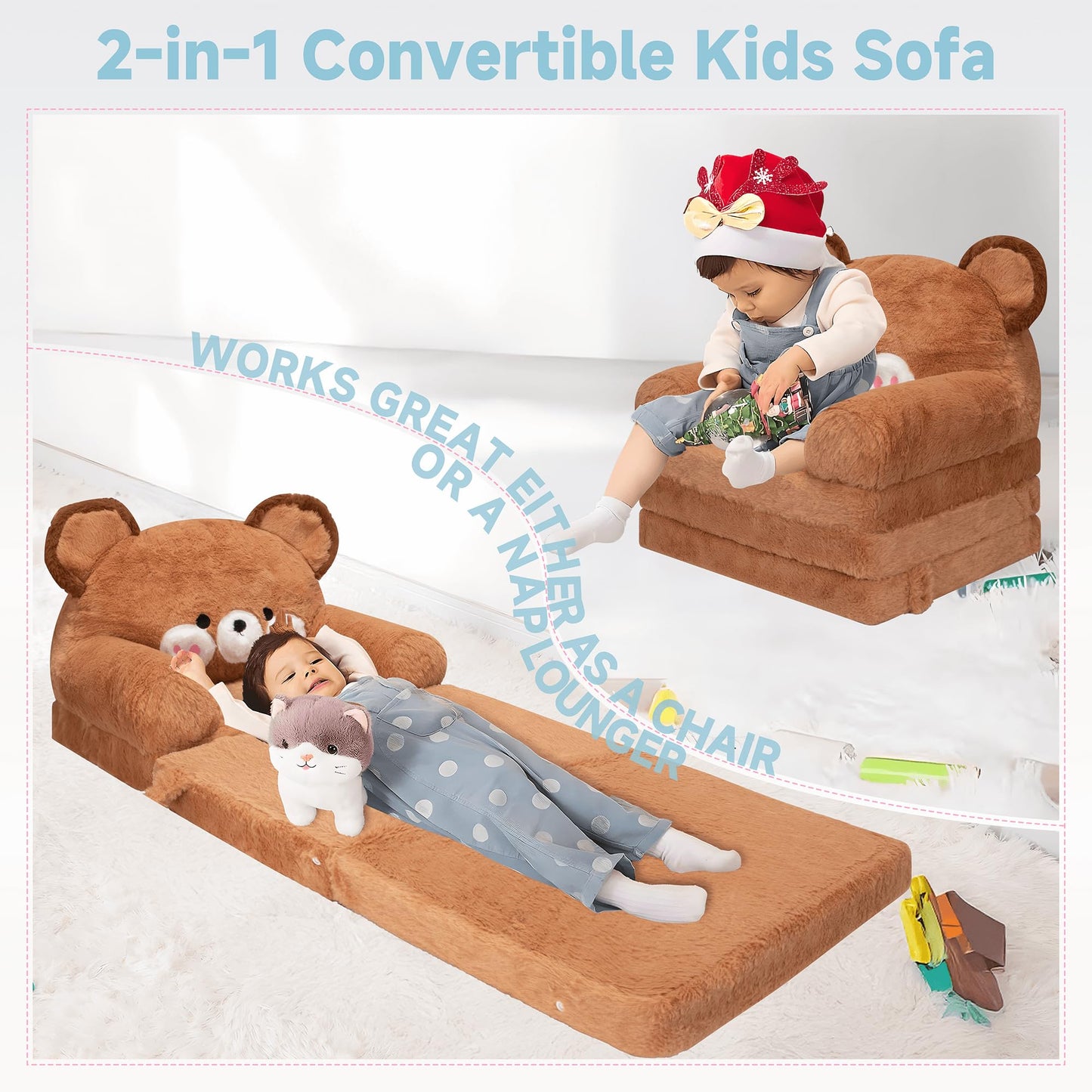 MONKISS Kids Couch, Comfy Toddler Chair, 2 in 1 Fold Out Kids Sofa to Lounger, Baby Sleeper Chair, Toddler Furniture, Birthday Gifts for Boys and Girls, 1~4 Years Old, Bear