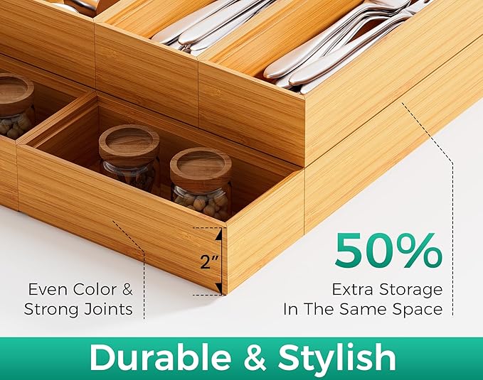 Long Bamboo Kitchen Drawer Organizer Boxes – 17" x 6" Stackable Wood Silverware Utensil Tray for Drawers Bins Cutlery & Flatware Storage – Wooden Organizers Set of 2 for Junk Drawer, Bathroom, Rv