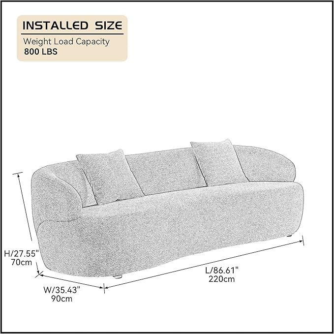KEIKI 87" Curved Oversized Boucle Cloud Sofa with Thickened Seat Cushions and Backrest, Modern 3-Seater Upholstered Corner Fluffy Couch, No Assembly Required, for Apartment, Living Room, Light Blue