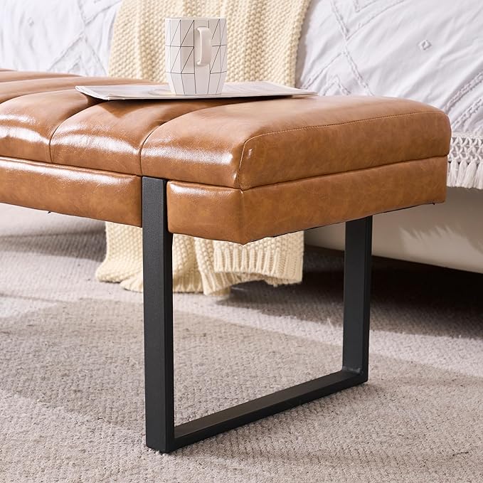 AIITTCC Faux Leather Ottoman Bench, Tufted Padded End of Bed Bench with Metal Legs, Upholstered Shoe Bench for Bedroom Living Room Entryway Window (Camel Brown, 46" Wide)
