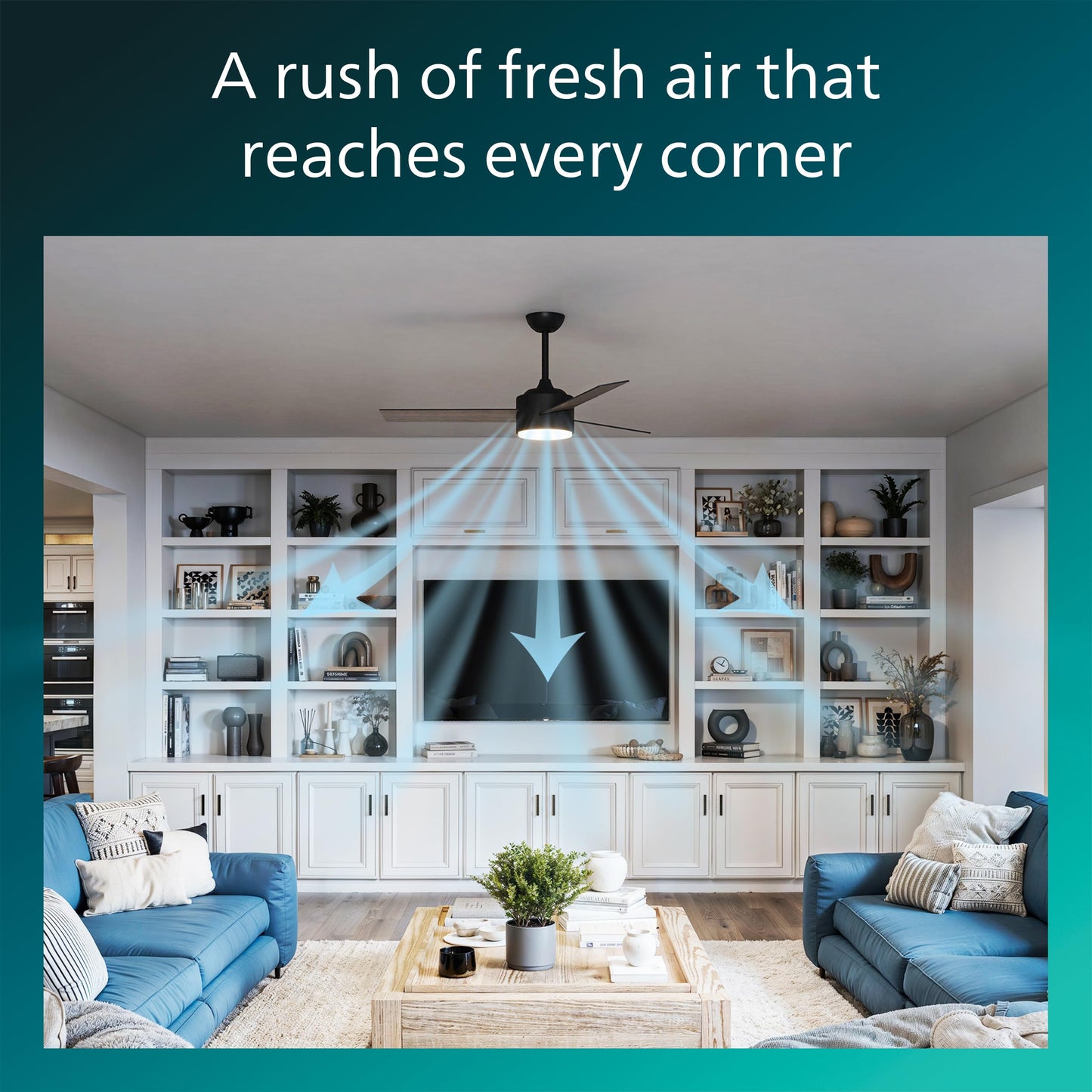Philips Indoor Ceiling Fan, Dark, with Bright LED Light, 2650 lm, 3 Blades, 4800 CFM, 6 Speeds, 2 Airflow Modes, Selectable White Light, Dimmable, Robust, Reversible Blades