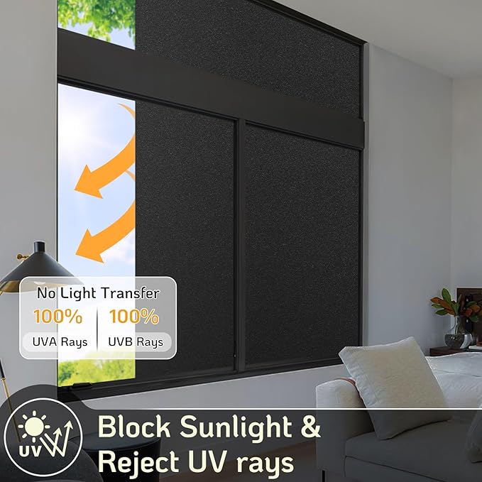 LUTE Blackout Window Film, Sun Light Blocking Frosted Privacy Cling for Glass, Darkening Window Tint for Day Sleep Black Out Shades, UV Blocking Static Cling Blackout Cover, 35.4" x 157.4"