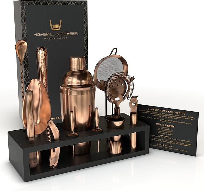 Highball & Chaser 13-Piece Cobbler Cocktail Shaker Set Matte Copper Stainless Steel Bartender Kit For Home Bar Cocktail Se...