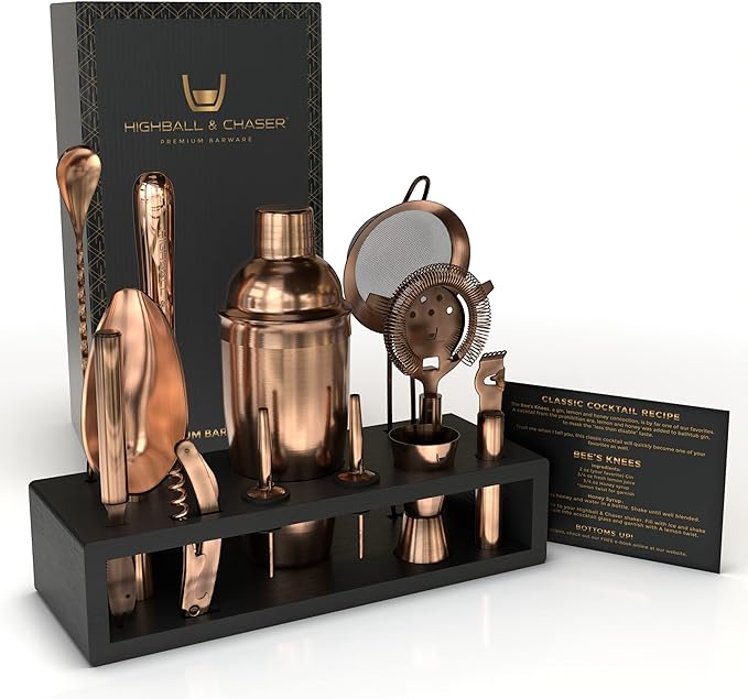 Highball & Chaser 13-Piece Cobbler Cocktail Shaker Set Matte Copper Stainless Steel Bartender Kit For Home Bar Cocktail Se...