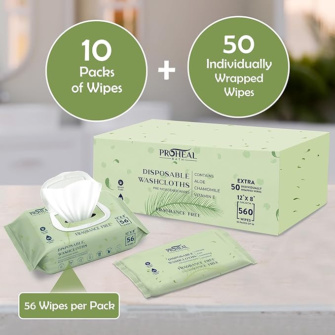ProHeal Large Wet Wipes for Adults - Case of 10 and 50 Individually Wrapped 12""x8"" Disposable Body Wipes - Fragrance Free with Aloe, Chamomile, and Vitamin E - For Bathroom, Cleansing, and Travel