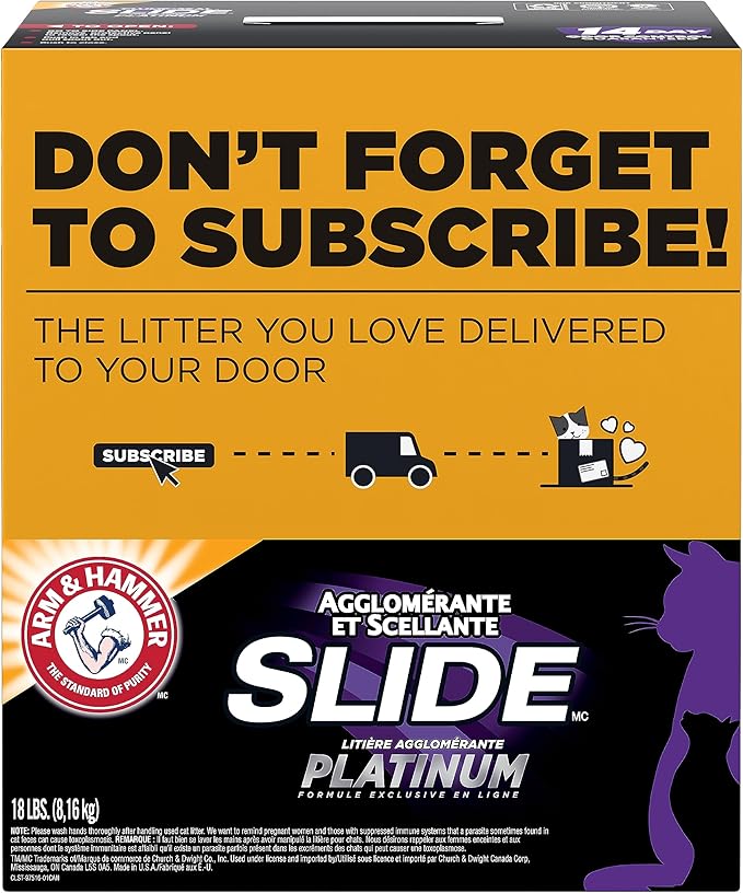 ARM & HAMMER Clump & Seal Slide Platinum Multi-Cat Clumping Cat Litter, 14-Day Odor Control, EZ Clean Technology, 18 lbs – No Scrubbing, Powerful Odor Eliminator (Pack of 2)