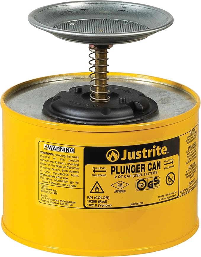 Justrite Plunger Can for Solvents, 2 Quarts Capacity, 7.4" x 7.25" Steel Push-Down Solvent Dispenser Can, Made in the USA Industrial Mechanic Tools, Yellow, 10218