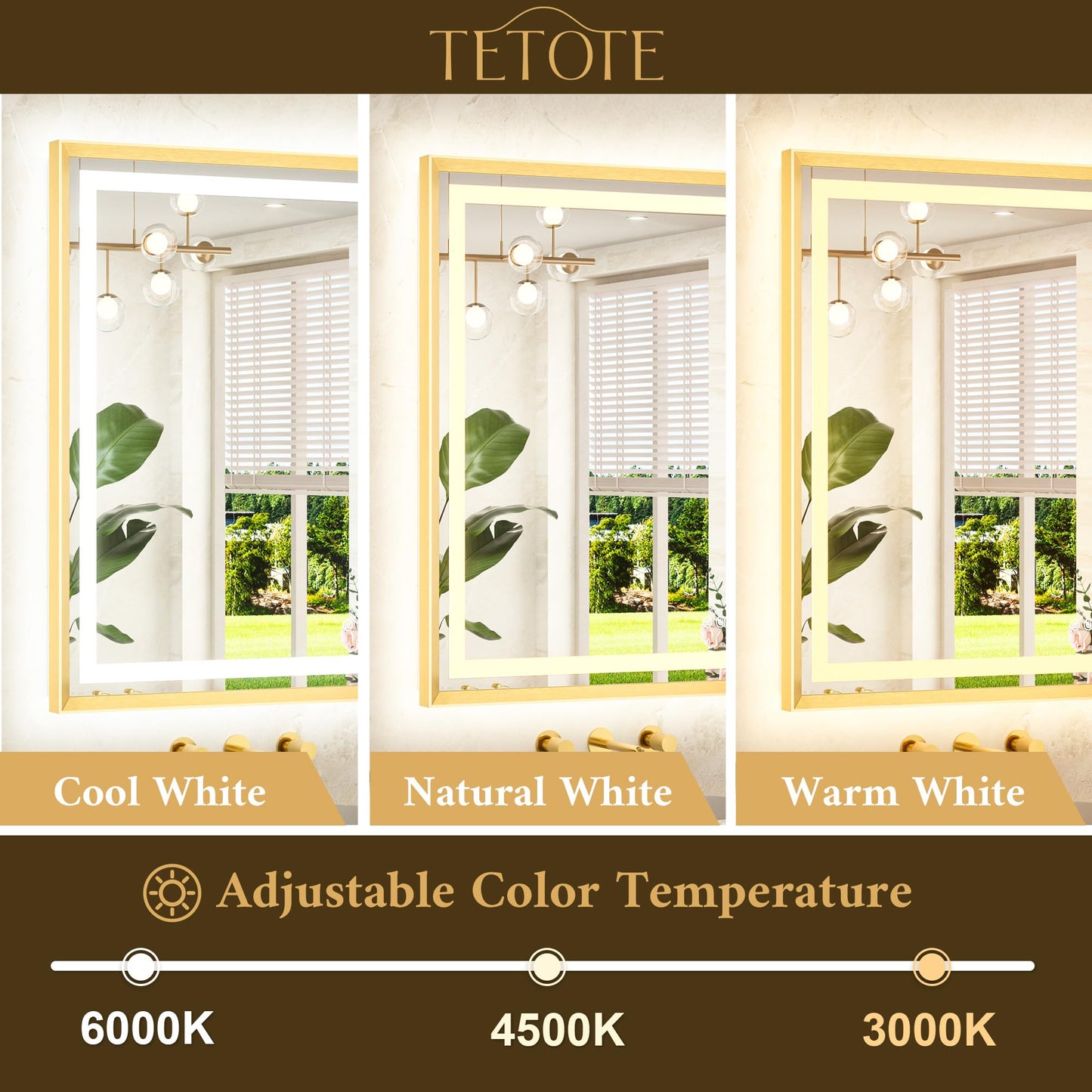 TETOTE 40 x 24 Led Mirror Brushed Gold Metal Frame Frontlit & Backlit Vanity Mirror Anti-Fog Stepless Dimmable 3 Colors White/Warm/Natural Wall Mirror with Lights Wall-Mounted