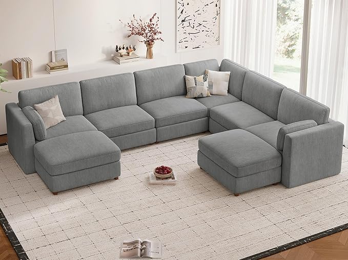 CUGOAO 159'' Modular Sectional Sofa, 8-Seater Oversized U-Shaped Sectional Couch with Ottoman, Deep Seat Chenille Cloud Couch, Mordern Upholstered Couches for Living Room, Apartment, Office, Grey