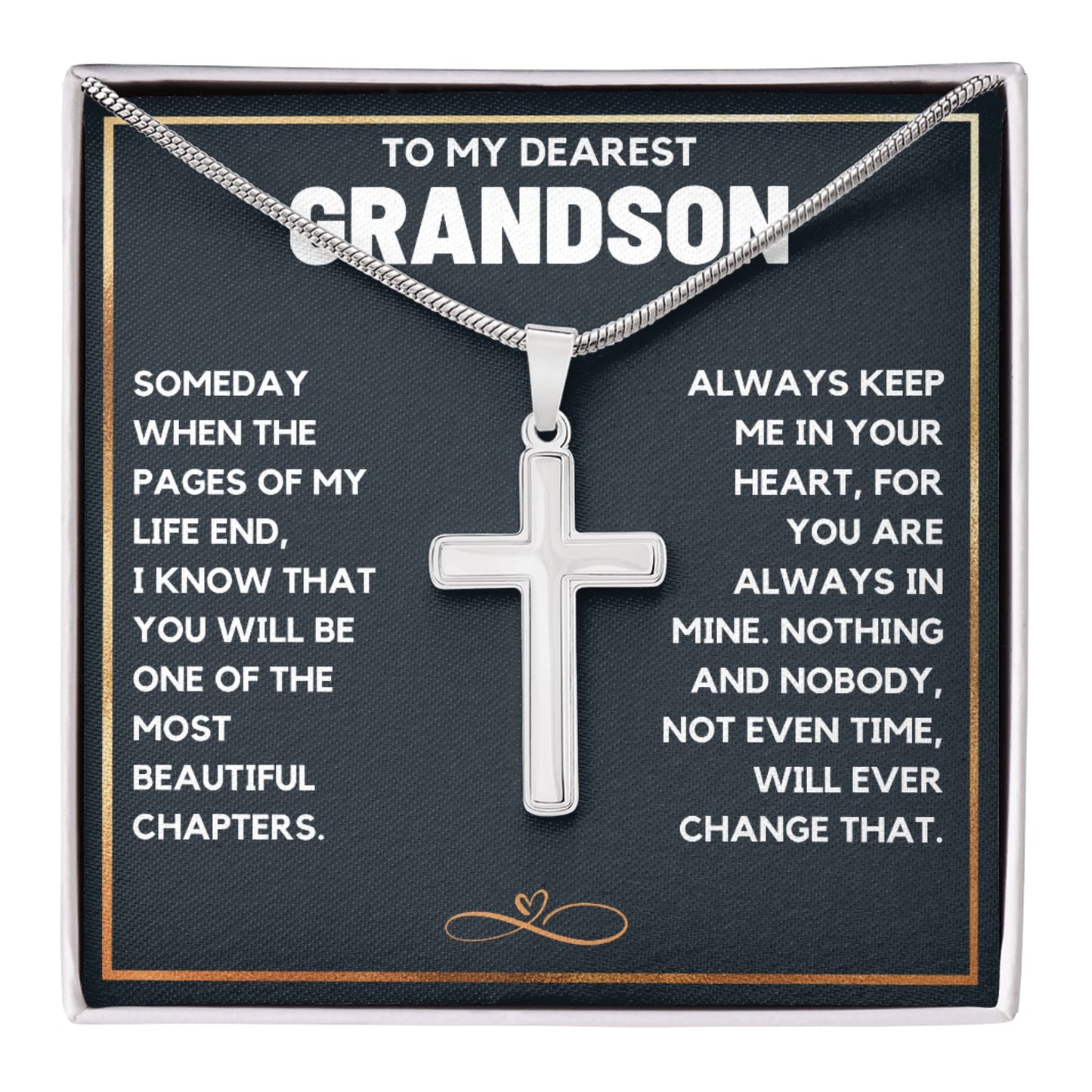 FG Family Gift Mall Grandson Birthday Gifts From Grandma Present For Grandson From Grandmother To My Grandson Necklace From Grandparents Cross Chain with Message Card and Gift Box, Stainless Steel,