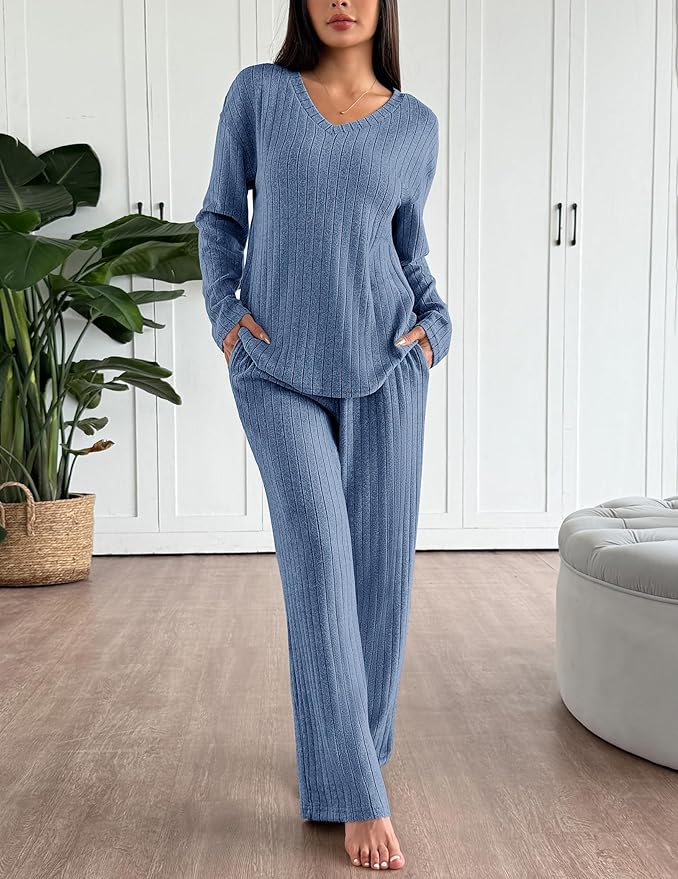 Ekouaer Lounge Sets for Women Long Sleeve Knit Ribbed Pajama Sets 2 Piece Casual Loungewear with Pockets