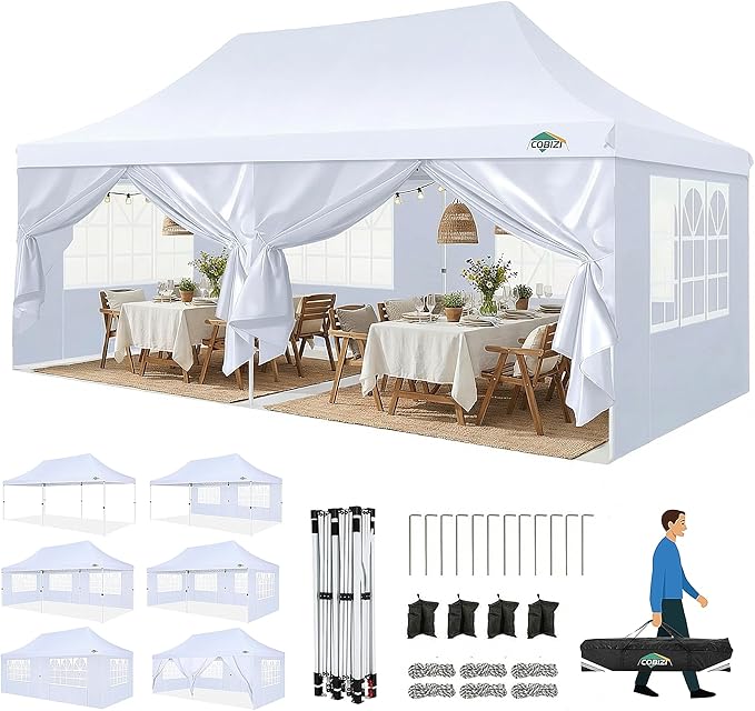COBIZI Canopy 10x20 Pop Up Tent with Sidewalls, Waterproof Commercial Canopy Ez Outdoor Instant Gazebo UV Protection 50+ E...