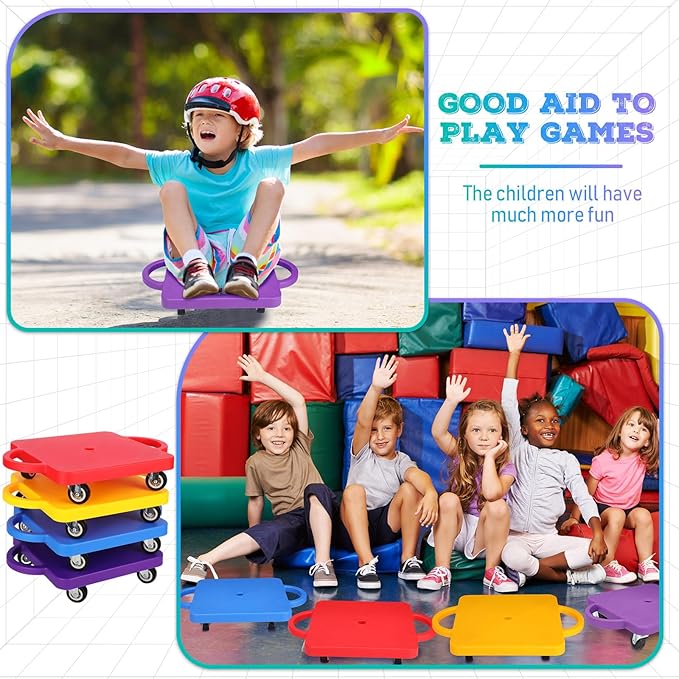 Jerify 4 Pieces Sports Scooter Board Bulk Sitting Board with Handles Plastic Casters Sport Flat Scooter for Kids Children Gym Indoor Outdoor Activities Play Equipment (Colorful)