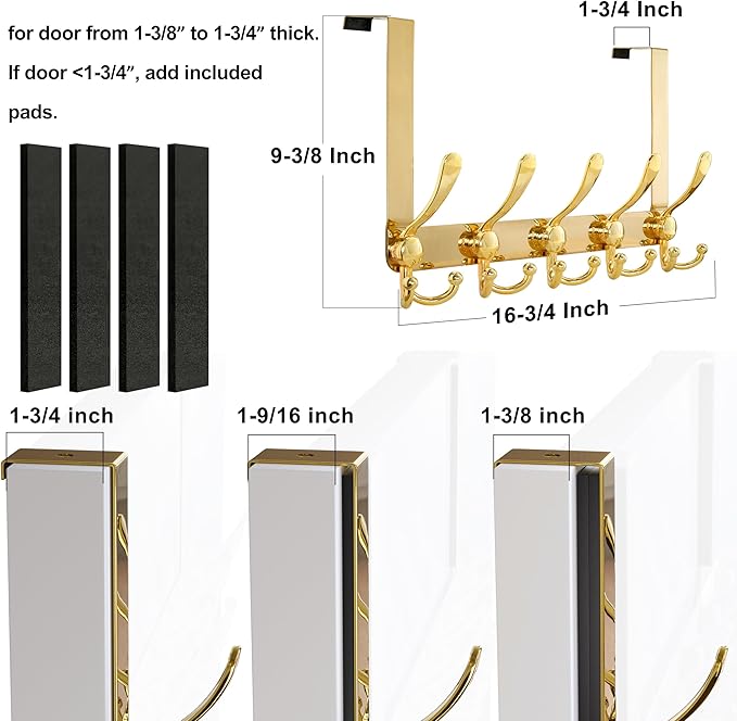 Dseap Over Door Hook 2.0 - Upgraded Version - Simple-Assembly, Strong, Heavy-Duty Stainless Steel 5-Tri-Hook Over The Door Hanger Rack, SimpleStrong Series, Gold