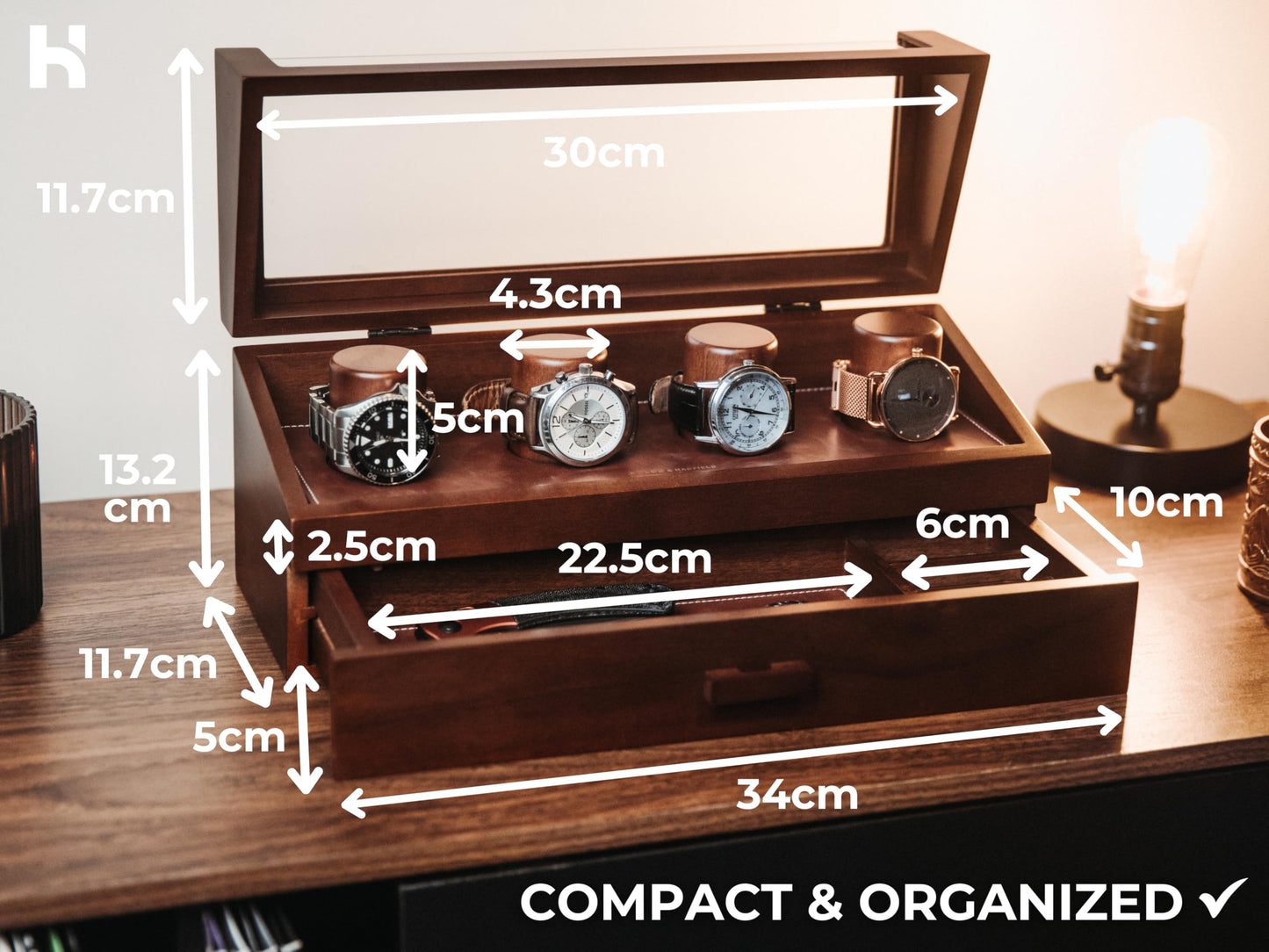 Premium 4 Slot Watch Box for Men (2026 Upgraded) – Wooden Watch Display Case with Hinged Wood Cover, Leather Lining & Drawer – Watch Organizer Stand – Handcrafted Luxury Father's Day Present for Men
