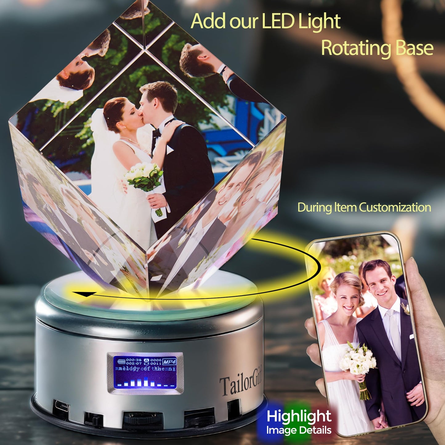 TailorGift Custom 3D Crystal Photo Frame Gift,Customized Picture Frames with Color Photos, Personalized Anniversary Birthday Gifts for Women Men Her Him.Personalized Picture in Crystal for Couples