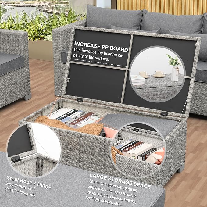 WAROOM Patio Furniture Set 4 Piece Wicker Conversation Sets PE Rattan Chair Outdoor Couch Sectional Sofa with Storage Table, Grey Cushion