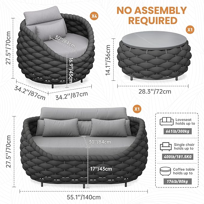 Erotr 6-Piece Alumunim Outdoor Seating Set: All-Weather Patio Accent Furniture Sofa Set, Hand Woven Rope, No Assembly, Modern Garden Lounge Conversation Set for Backyard Deck Porch Poolside Hotel
