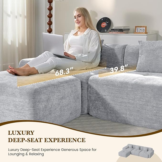 158" U Shaped Convertible Modular Couch, Cloud Couch Sectional with Ottoman, 6-Seater Chenille Boneless Couches for Living Room, Apartment, No Assembly, Light Grey 1PCS
