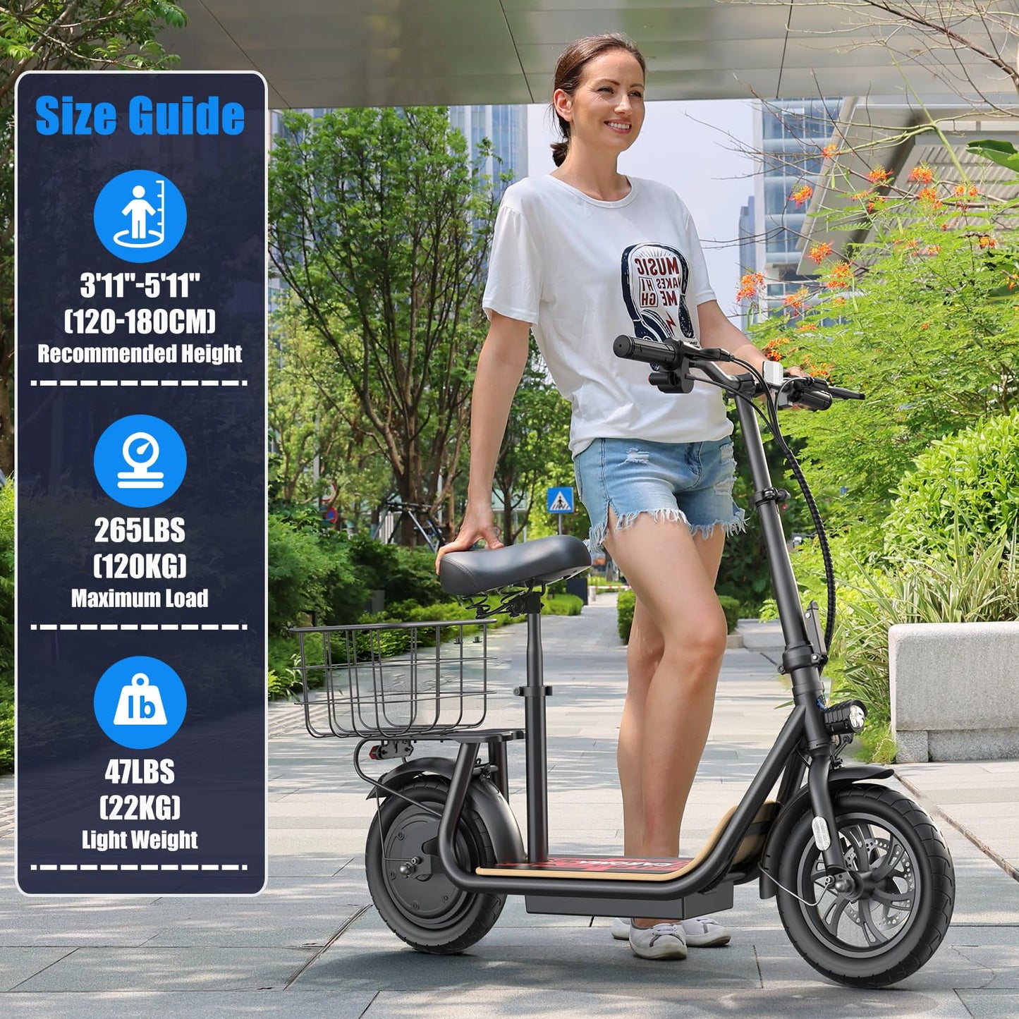Caroma Peak 1200W Electric Scooter Adults, Electric Scooter with Seat and 12" Shock-Absorbing Tires, 500Wh Battery up to 30Miles&20MPH, Foldable Adult with Basket for Commuting(Black)