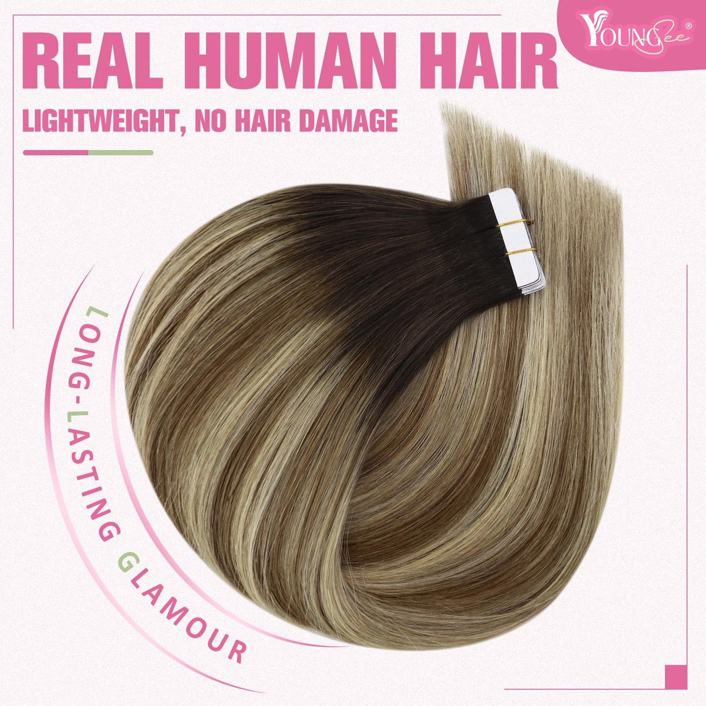 YoungSee Tape in Extensions Human Hair Brown Balayage Hair Extensions Tape in Brown Ombre Medium Brown with Blonde Tape in Hair