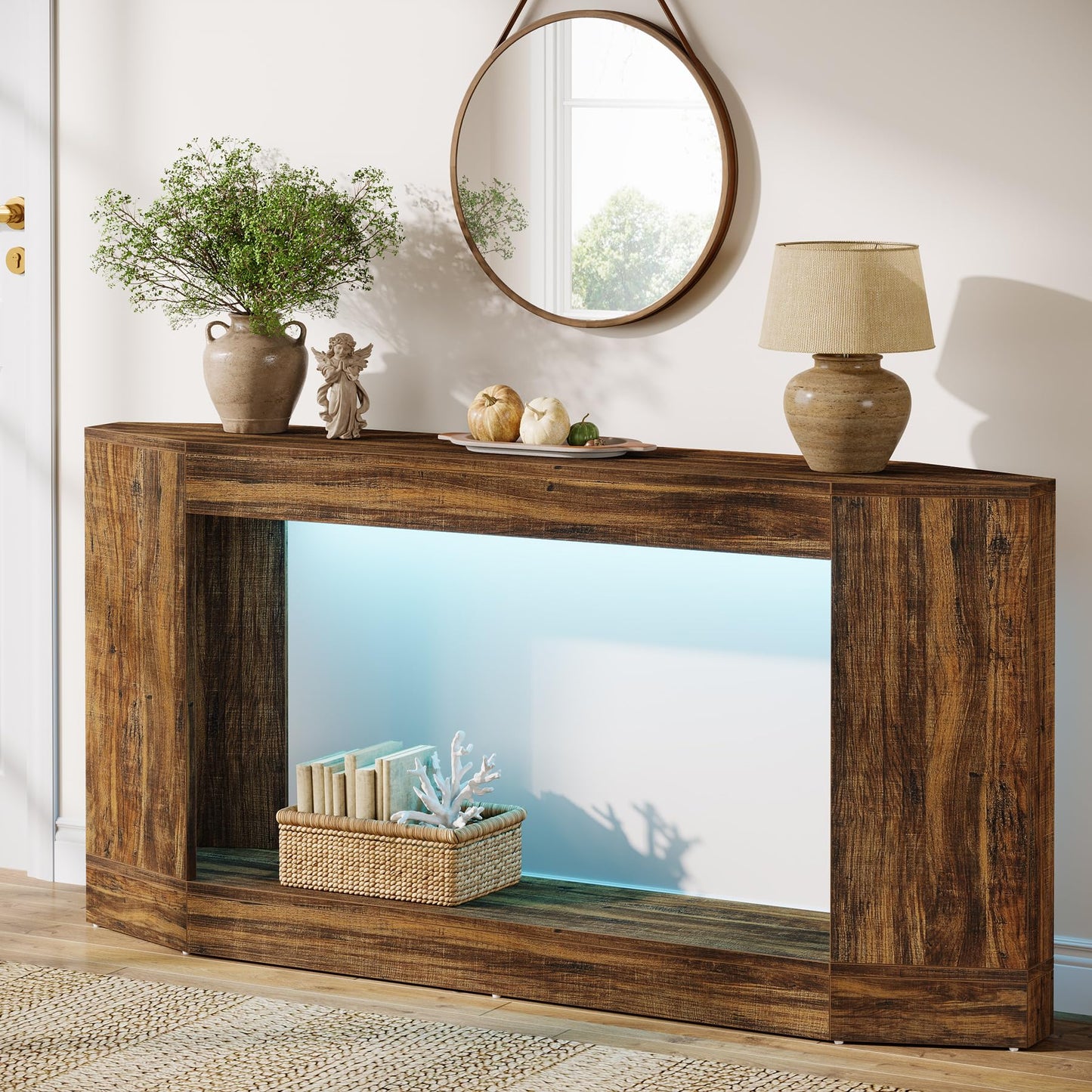 Tribesigns 63" Light Wood Console Table with LED, Sofa Table Behind Couch, Entryway Hallway Foyer Display, Long Narrow Design for Living Room (1, Brown)