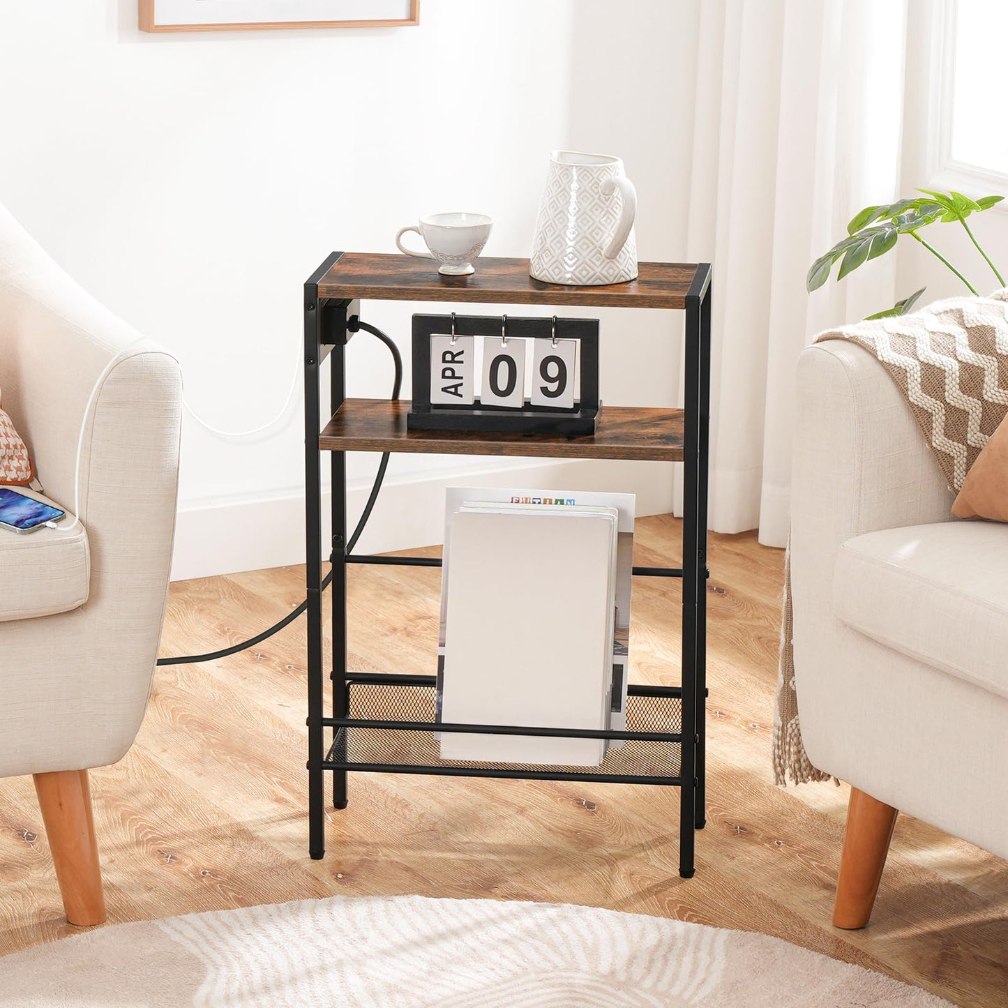 HOOBRO Slim Side Table with Charging Station, Narrow Bedside Table for Small Spaces, 3-Tier End Table with USB Ports and Power Outlet, Rustic Brown and Black EBF102KBZ01