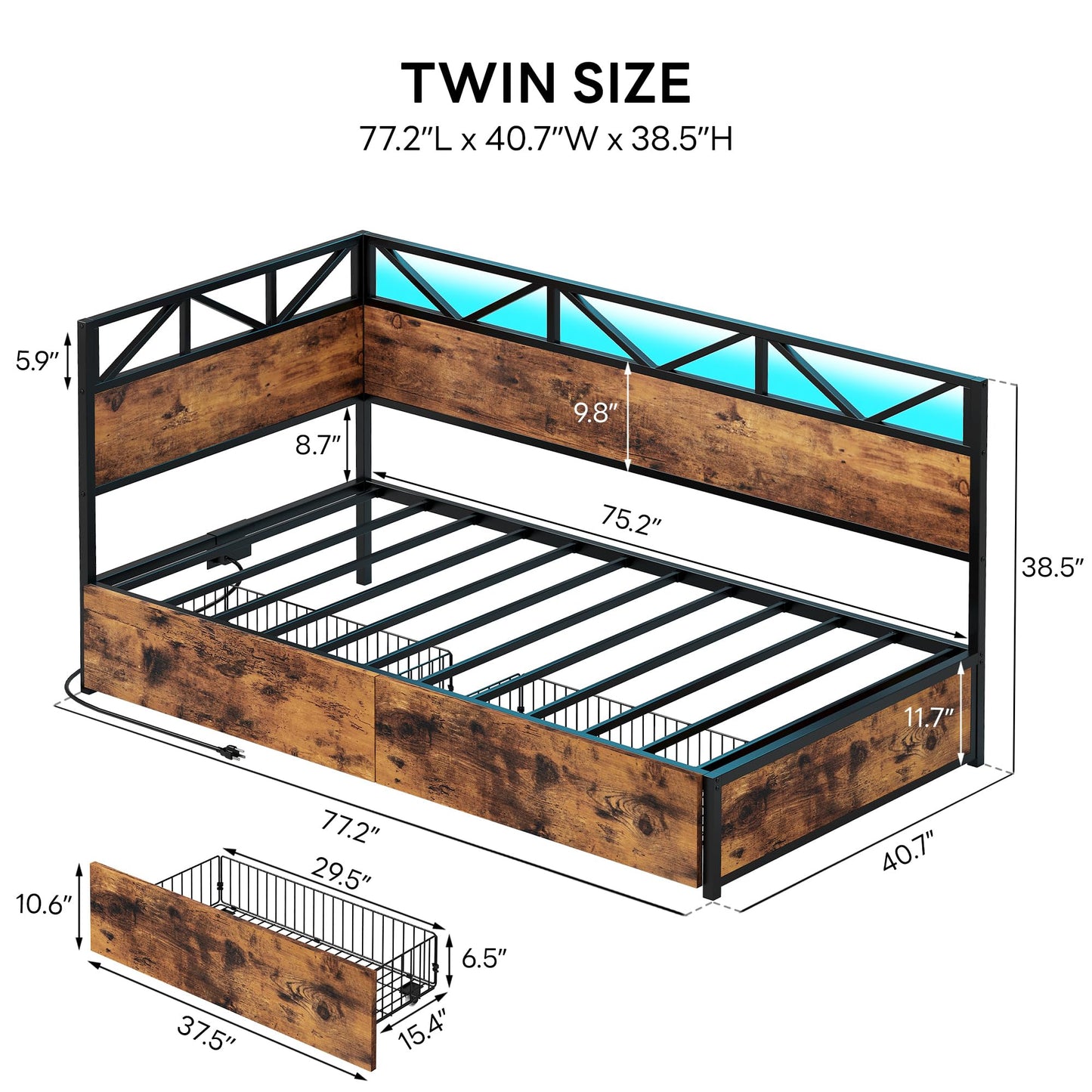 LIKIMIO Twin Daybed with Storage Drawers and Charging Station, Corner Bed Frames with Headboard and LED Lights, Industrial Brown