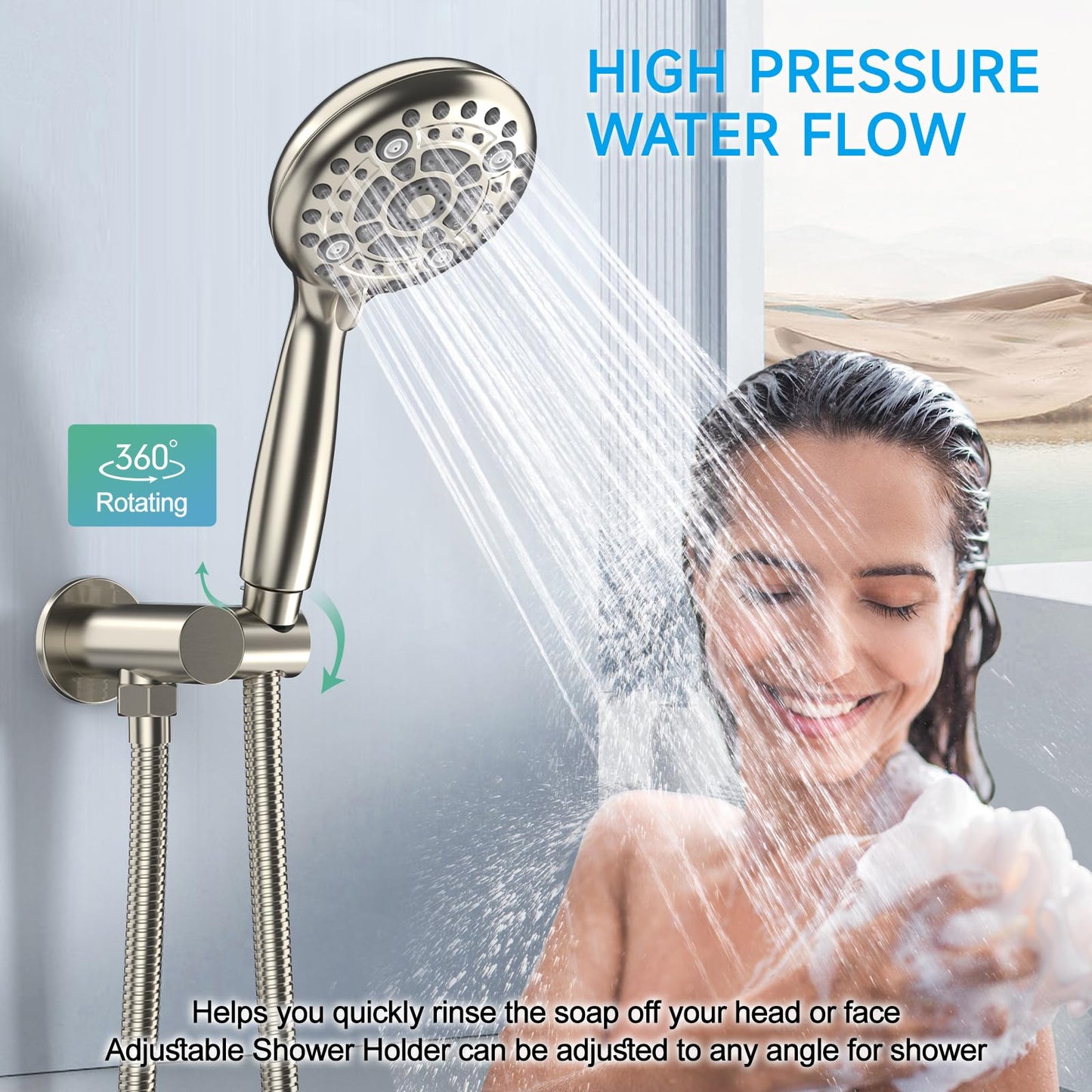 EMBATHER Shower Faucet Sets - Overhead Rain Head Shower System with High Pressure Handheld Complete Combo and Mixer Valve Trim Kit - Brushed Nickel Rainfall Shower Fixture for Luxury Bathroom