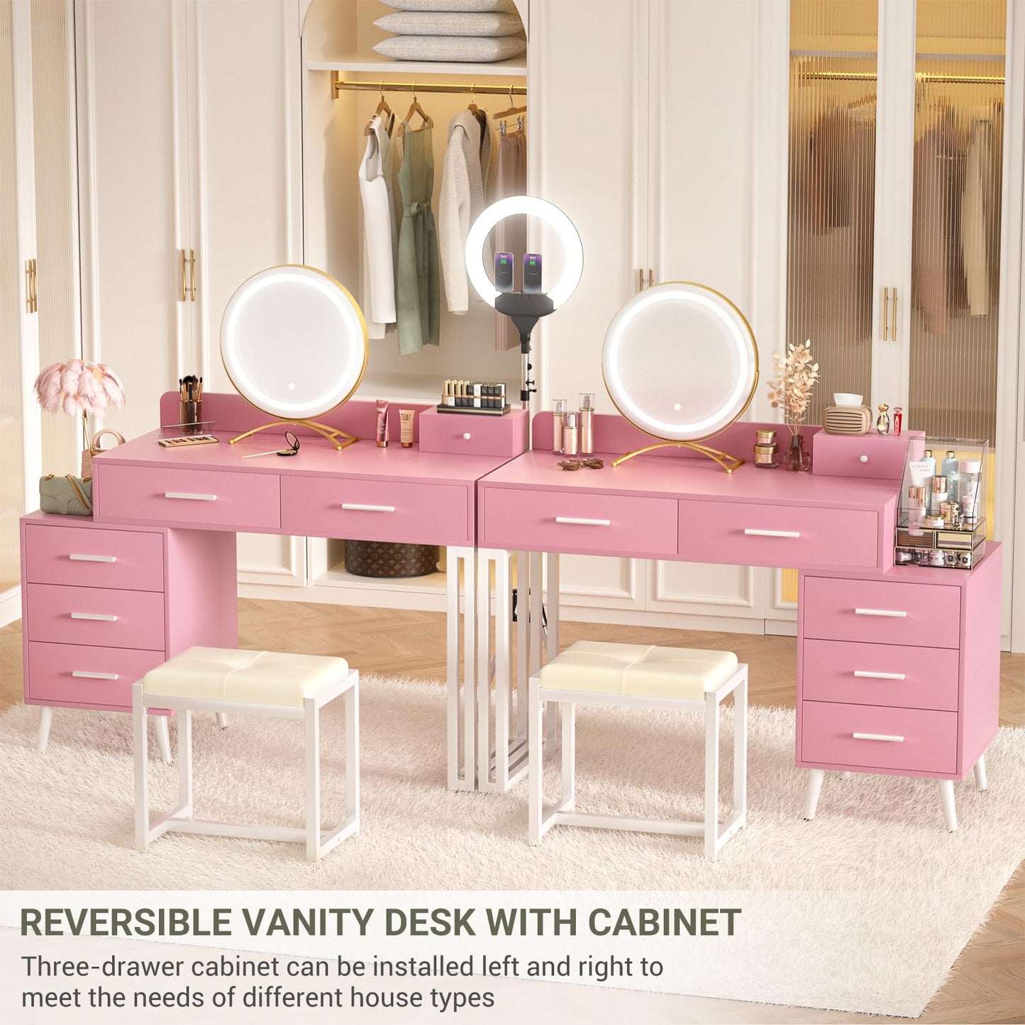 Pink Vanity Desk with Mirror and Lights, Modern Makeup Vanity Table Set with 6 Storage Drawers and Cushioned Stool for Bedroom, Dressing Table with Divided Organizers for Women Girls, Pink