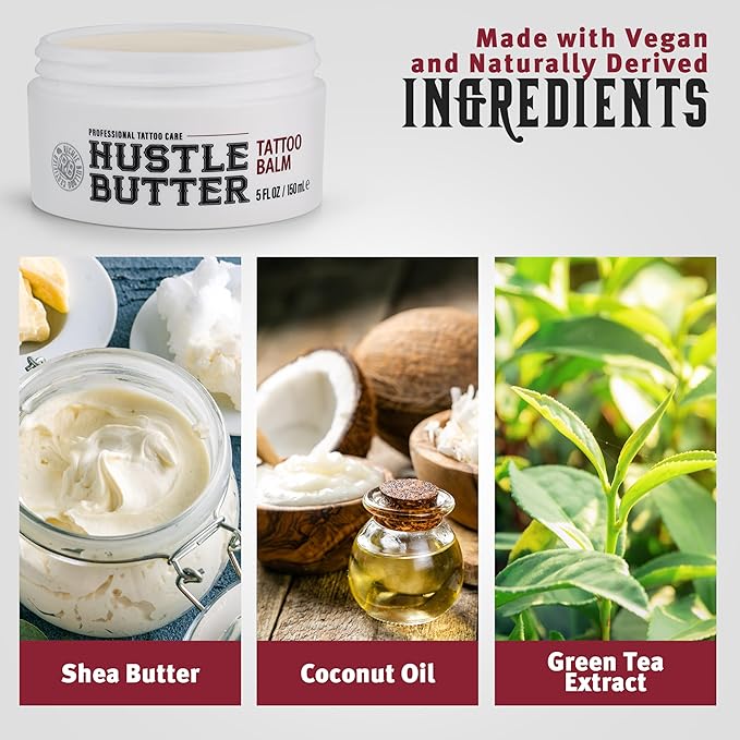 Hustle Butter Tattoo Soap & Aftercare Balm - Antibacterial Soap, Safe To Use While Healing, Vegan, No Petroleum - 5 Ounce Balm & 7 Ounce Tattoo Wash Kit
