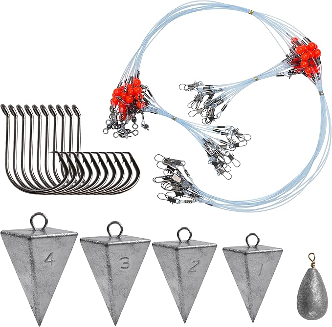 Saltwater Surf Fishing Tackle Kit - Saltwater Surf Fishing Rigs Include Wire Leader Pyramid Sinker Weight Bass Casting Sin...