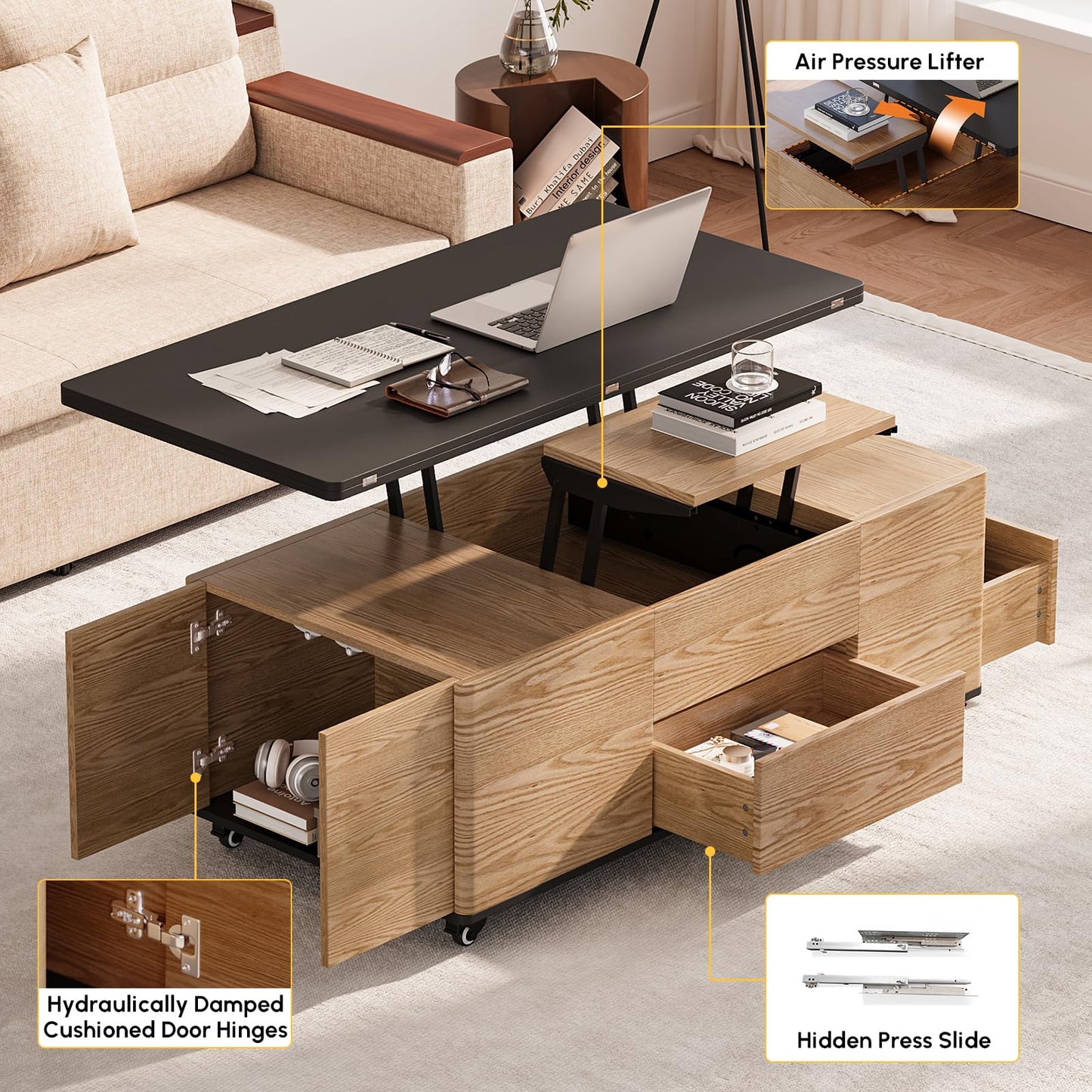 homary Modern 47" Lift-Top Coffee Table, Black & Walnut with 3 Drawers, 2 Open Storage Compartments, Hidden Cabinet, Convertible Dining Office Table for Living Room Small Spaces