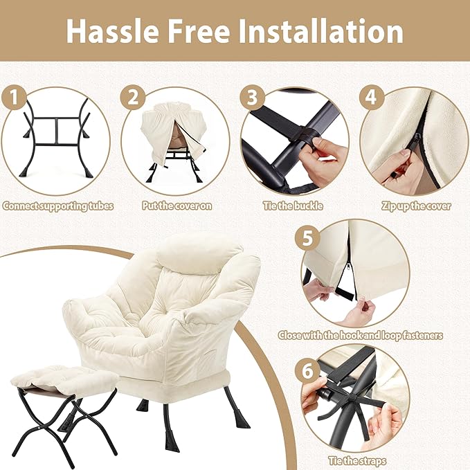Youtanic Lazy Chair with Folding Ottoman, Accent Chair Plush Upholstered with Metal Structure and Non-Slip Pads, Sofa Armchair with Footrest and Side Storage Bag for Dorm, Room, Office, Beige