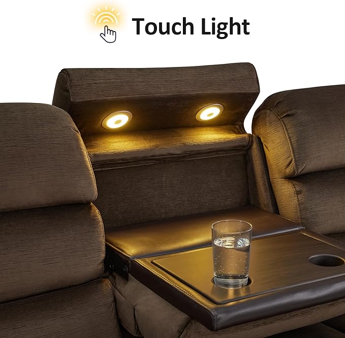 MCombo 87.2'' Wall Hugger Power Recliner Sofa with Drop Down Table, Reclining Sofa with Adjustable Headrest, USB Charge Ports, Reading Lamp, for Living Room, RVs, Fabric, ST258M3 (3-Seater, Coffee)