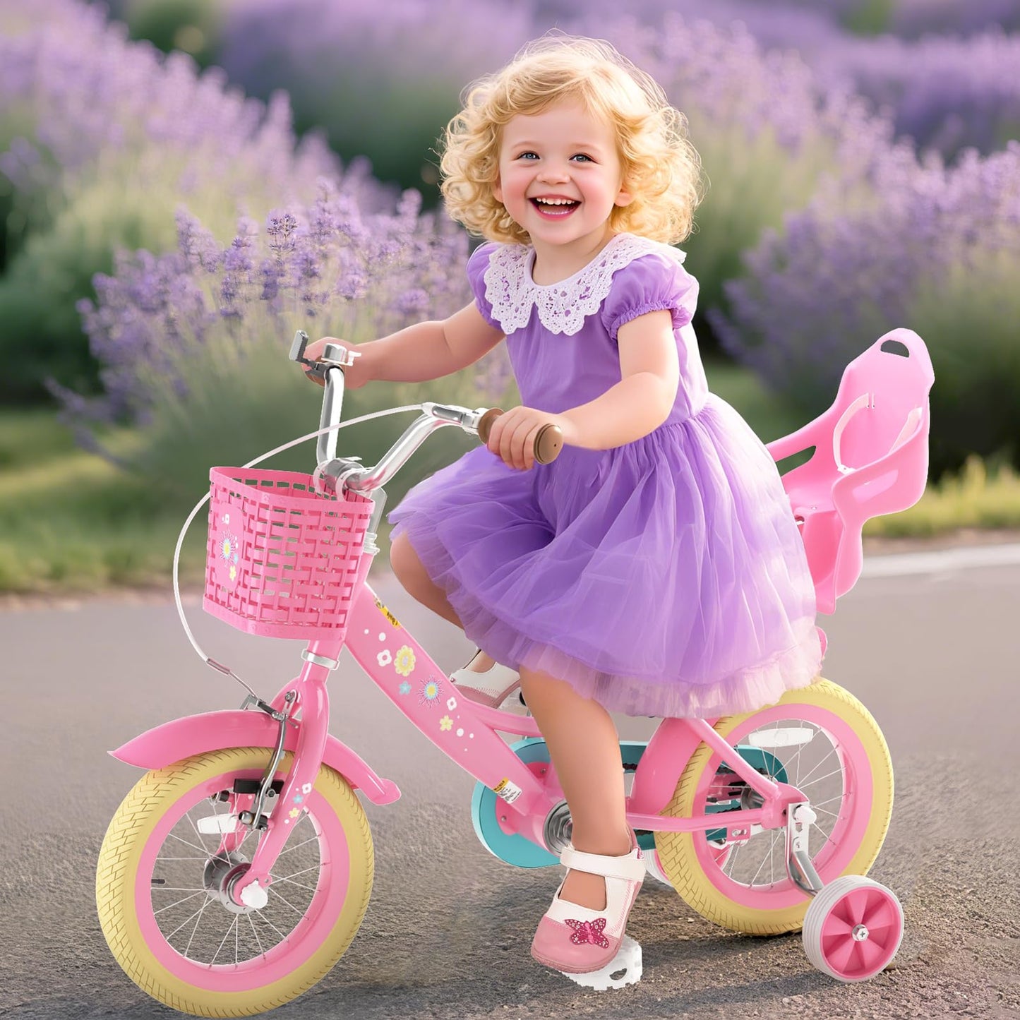 Glaf Toddler Girls Bike for Kids Age 2-12 Years Old 12 14 16 20 Inch Girls Bike with Training Wheels and Doll Seat Kids Bicycle with Basket Adjustable Seat (12 Inch with Training Wheels,Flower Pink)
