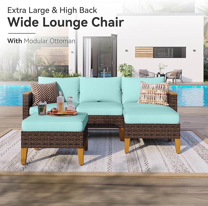 GREEN PARTY 12 Pieces Wicker Patio Furniture Set, All-Weather Outdoor Rattan Half-Moon Curved Patio Sectional Sofa Conversation Set with 4" Thick Cushions for Garden, Backyard, 2 x Ottomans (Blue)