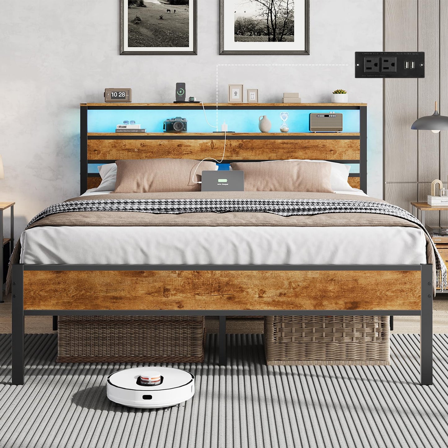 Hasuit Full Bed Frame with Headboard, LED Lights and Charging Station, Metal Platform Bed Full Size with Heavy Duty Slats, Under Bed Storage, Fast Assembly, No Box Spring Needed, Noise Free