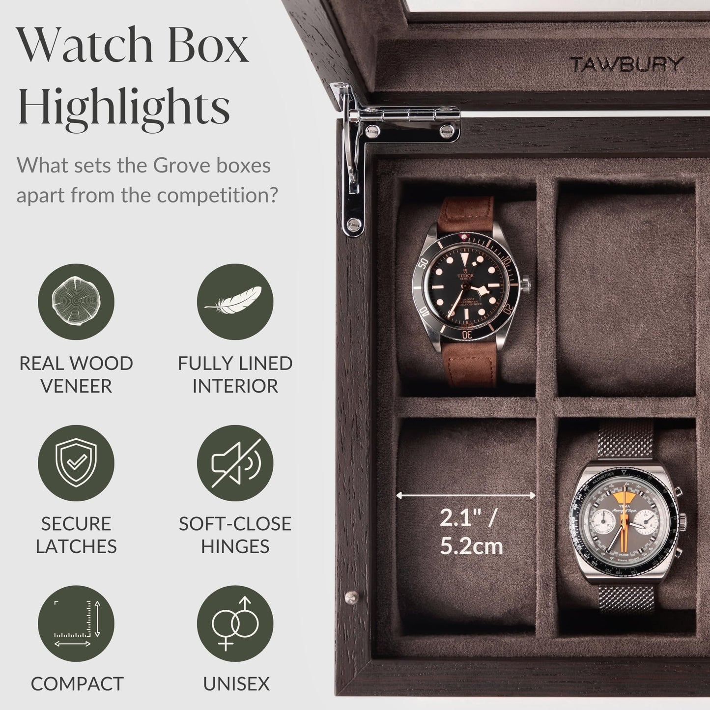 TAWBURY Wooden Watch Box Organizer for Men – 6 Slot Watch Box for Men | Luxury Watch Case for Men | Wood Watch Box Unisex | Wood Glass Watch Box Case Organizer | Wooden Watch Boxes for Men 6 Slot