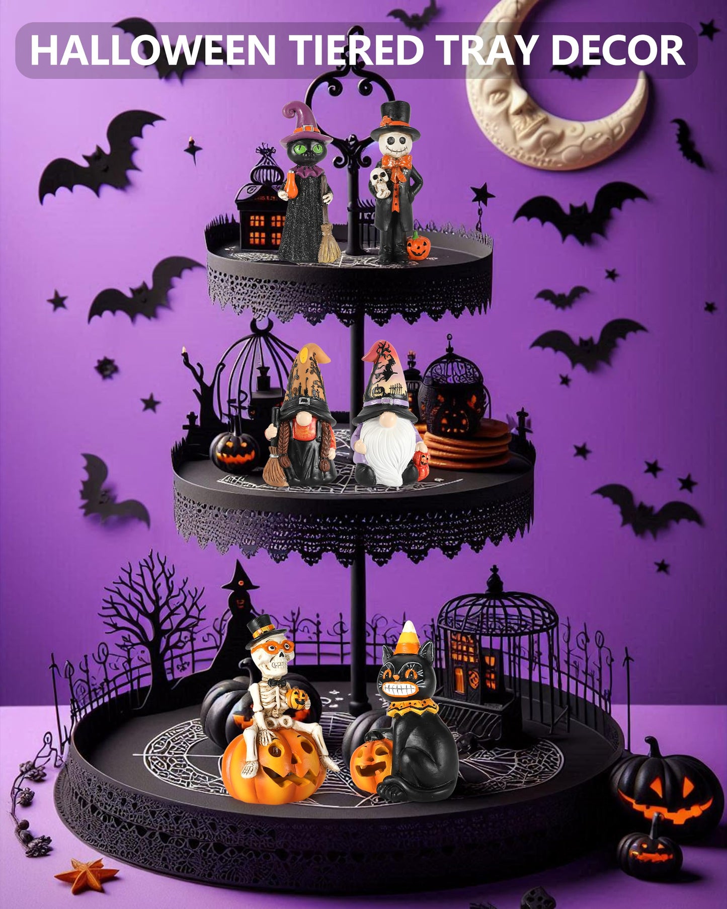 GoGnome Cute Halloween Decor - 2-Pack 4.5'' Resin Skeleton Gentleman and Witch Broom Figurines - Indoor Halloween Decorations for Home Mantle Fireplace Party Gifts (Ghost & Witch)